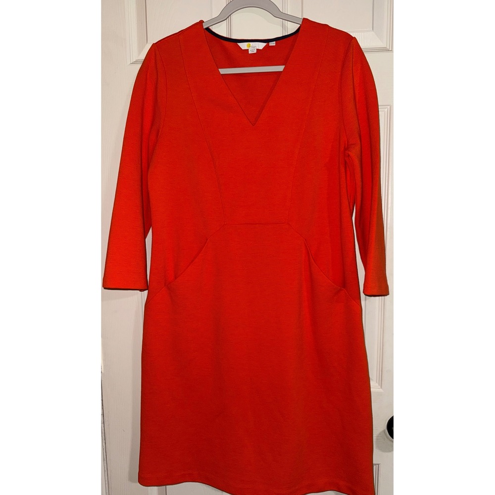 Boden Ottoman V-Neck Shift Dress Orange Ribbed 3/4 Sleeve Pockets‎ US 10R UK 14R